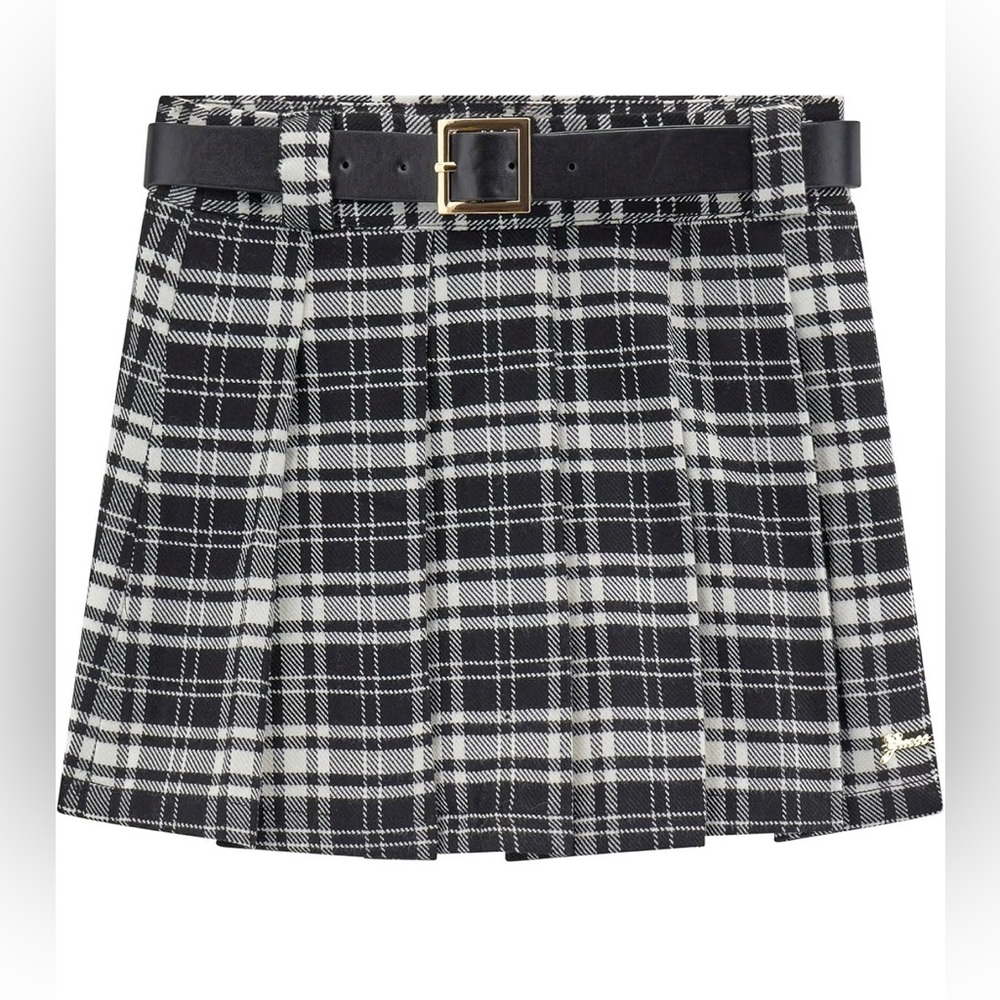 GUESS Girls' Twill Pleated Mini Skirt, Black White Check Combo (14)